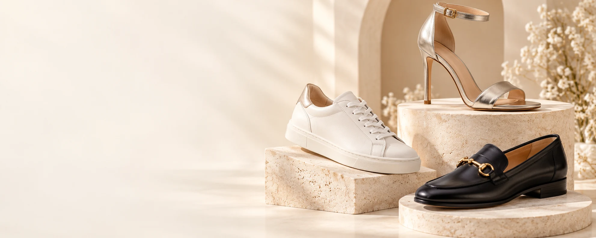 Gold occasion heels, ivory sneakers and black loafers from a footwear design campaign
